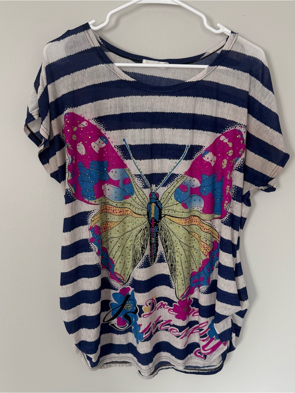 Julie Y2K Butterfly Rhinestone Striped Graphic Top